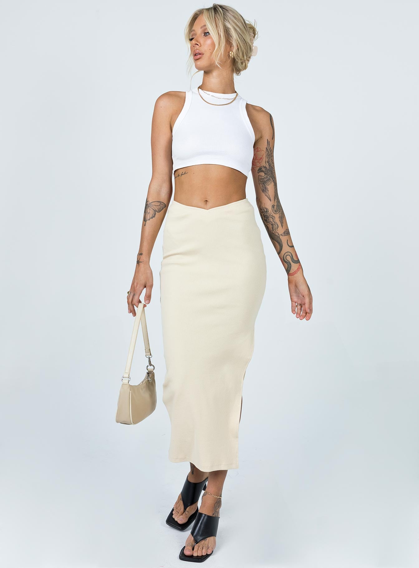   front view of model wearing Princess Polly Abigail Midi Skirt Cream 