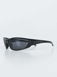 Sunglasses Wrap around design Light weight frame Black tinted lenses Moulded nose bridge