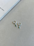 Mini hoops Green drop gem Hugging style Silver-toned High shine finish Clasp fastening