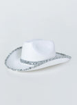 Cowboy hat 50% polyester 50% acrylic Faux felt material  Sequin rim & headband  Stiff curved brim  OSFM 