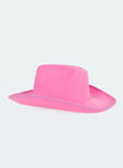 Pink cowboy hat Faux felt material Adjustable chin tie Wide stiff brim Creased crown 