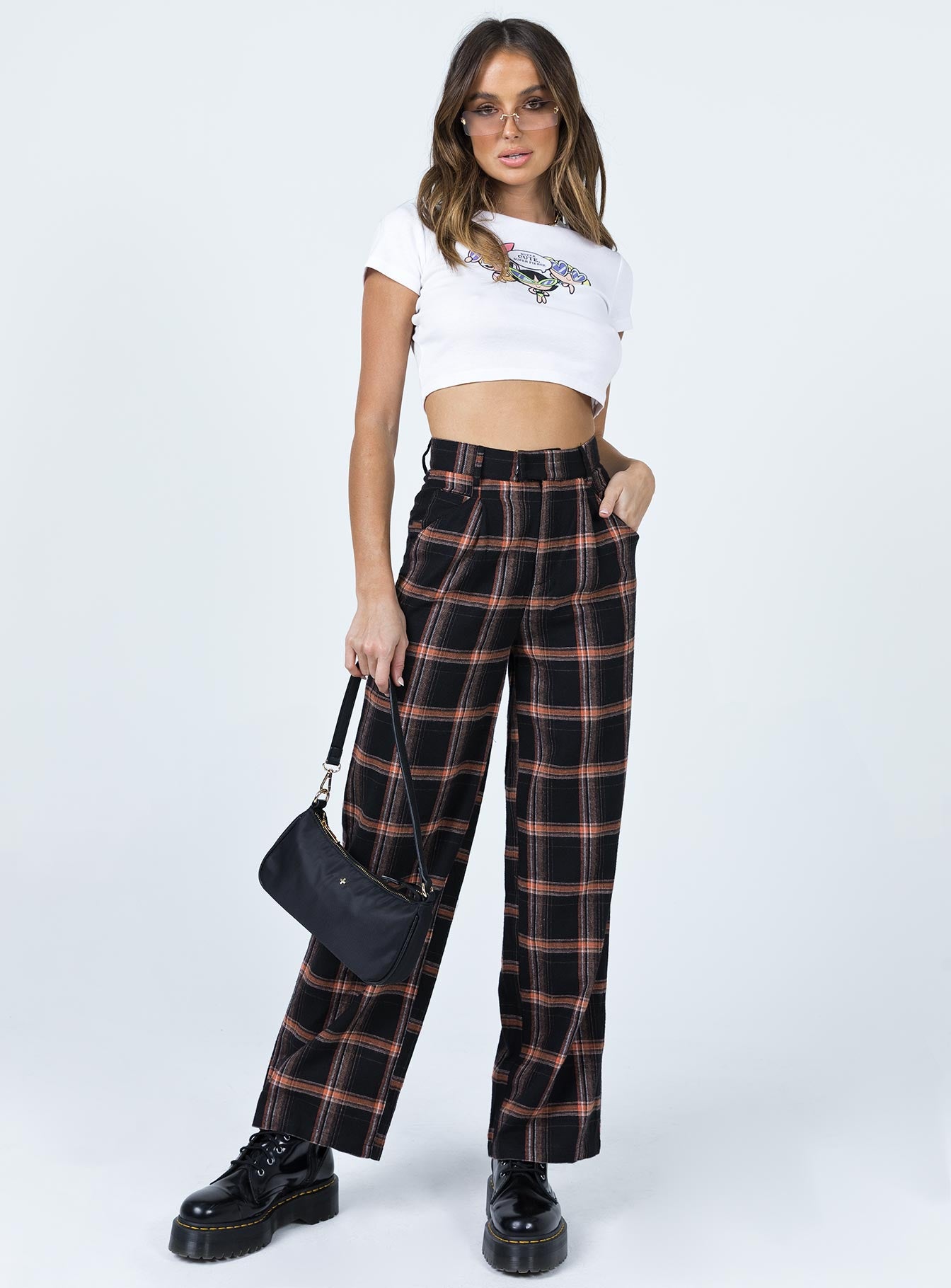 front view of model wearing Princess Polly City Skies Wide Leg Check Pant Black 