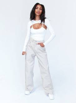 front view of model wearing Princess Polly Calla Long Sleeve Bodysuit White Full Sleeves Crew Neck 