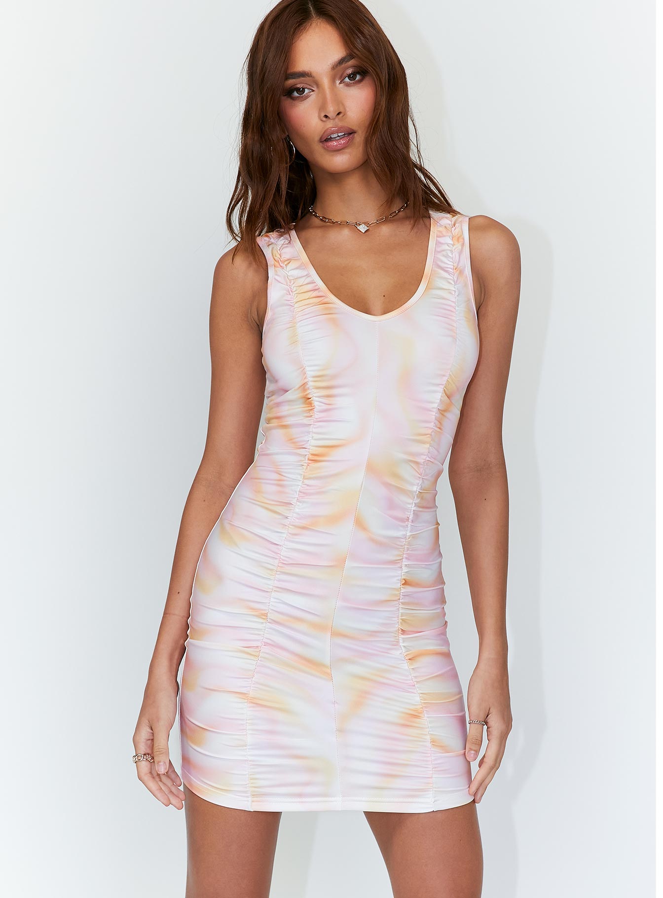 front view of model wearing Princess Polly Bianca Mini Dress Orange 