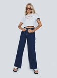 front view of model wearing Princess Polly Motel Extra Wide Jeans Indigo Blue Mid Rise 