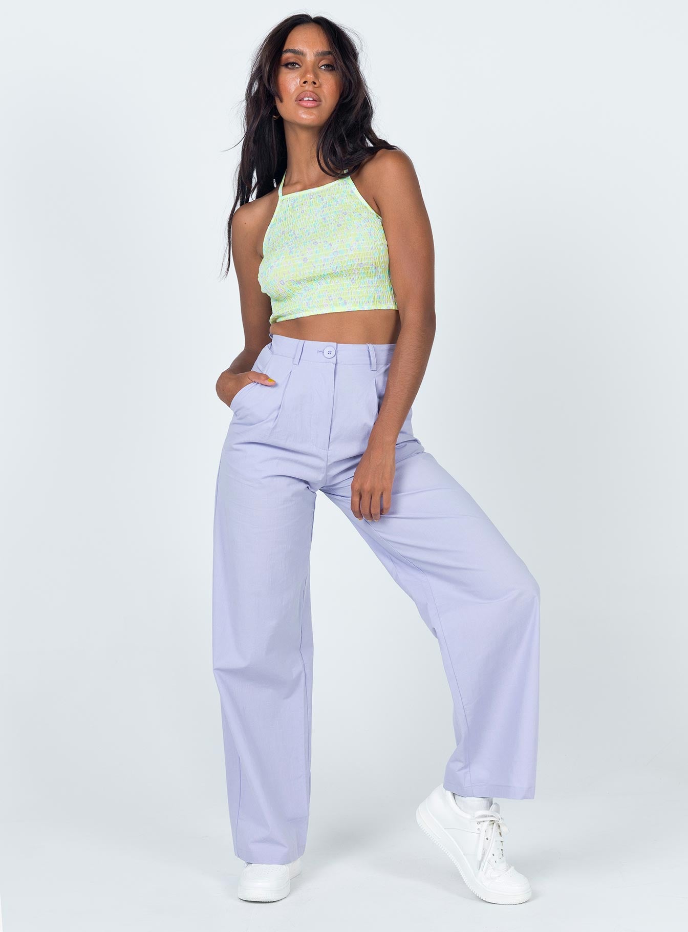 front view of model wearing Princess Polly Dalia Pants Purple 