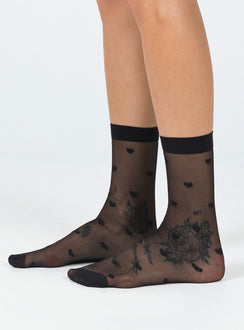 Stocking socks 100% nylon Sheer mesh material Delicate material - wear with care  Heart print  Knee high  Good stretch  OSFM