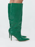 Knee high boots Faux leather material  Croc print  Pointed toe  Stiletto heel 