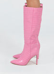 Boots Boots Faux croc leather  Knee-high  Stilleto style heel Pointed toe  Padded inside  Exposed zip on inner side 