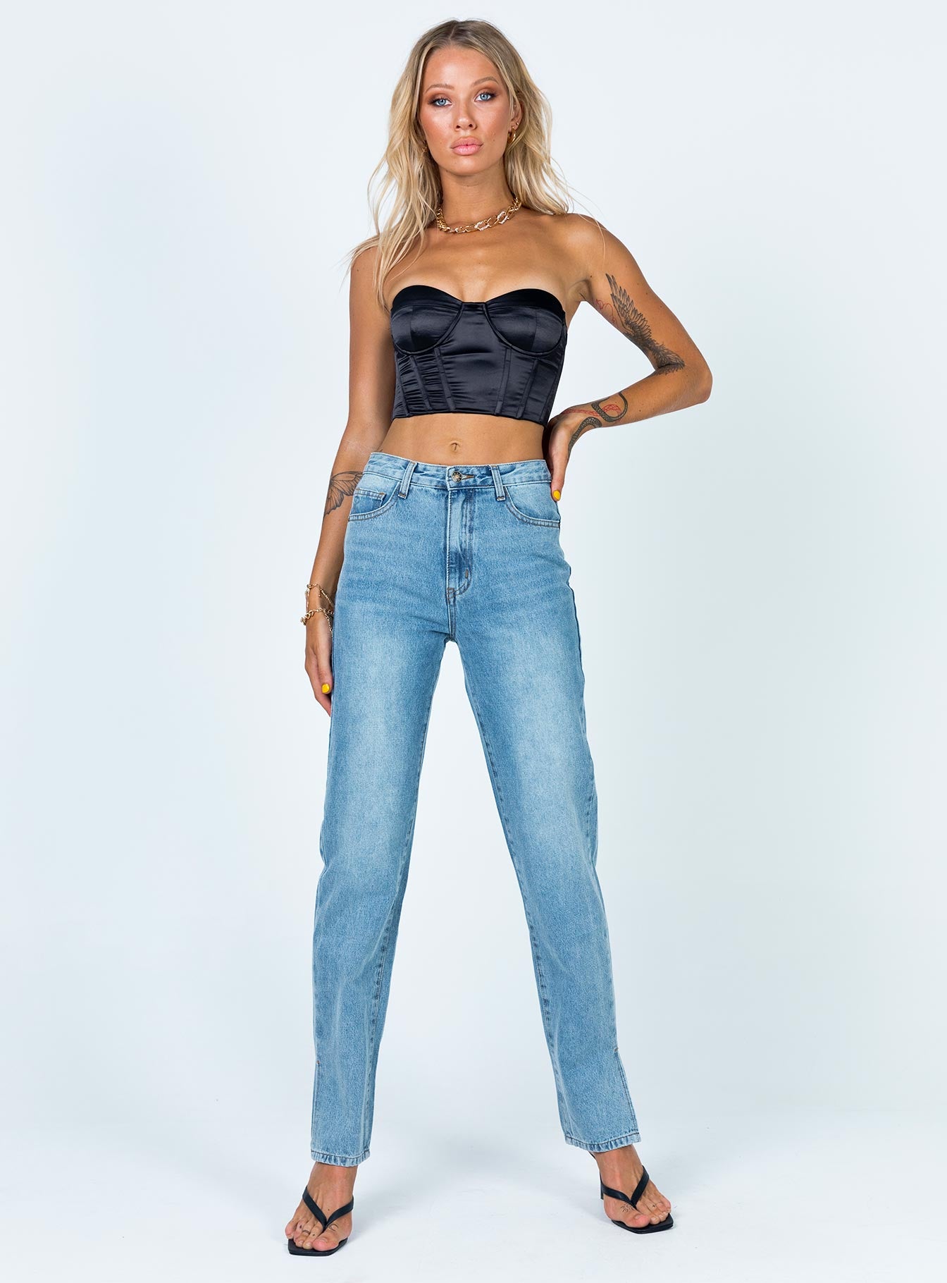 front view of model wearing Princess Polly Maya Corset Top Black 