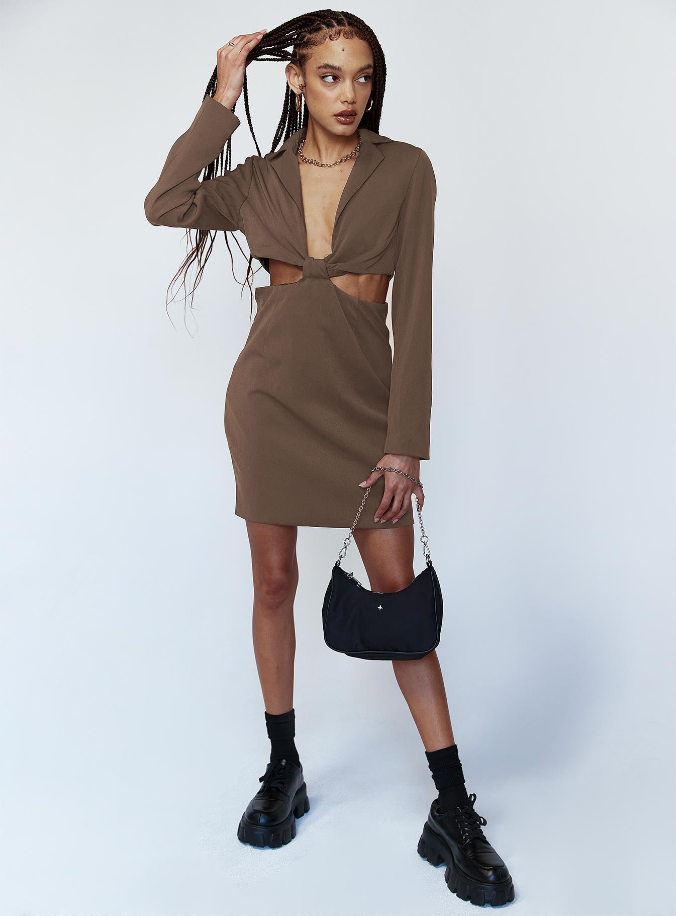 front view of model wearing Princess Polly Celeste Mini Dress Brown 