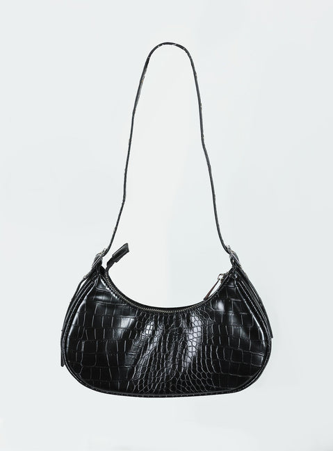 Shoulder bag Faux croc leather material  Zip fastening  Adjustable shoulder strap  Single external pocket with zip fastening Two inner pockets Silver-toned hardware Flat base 