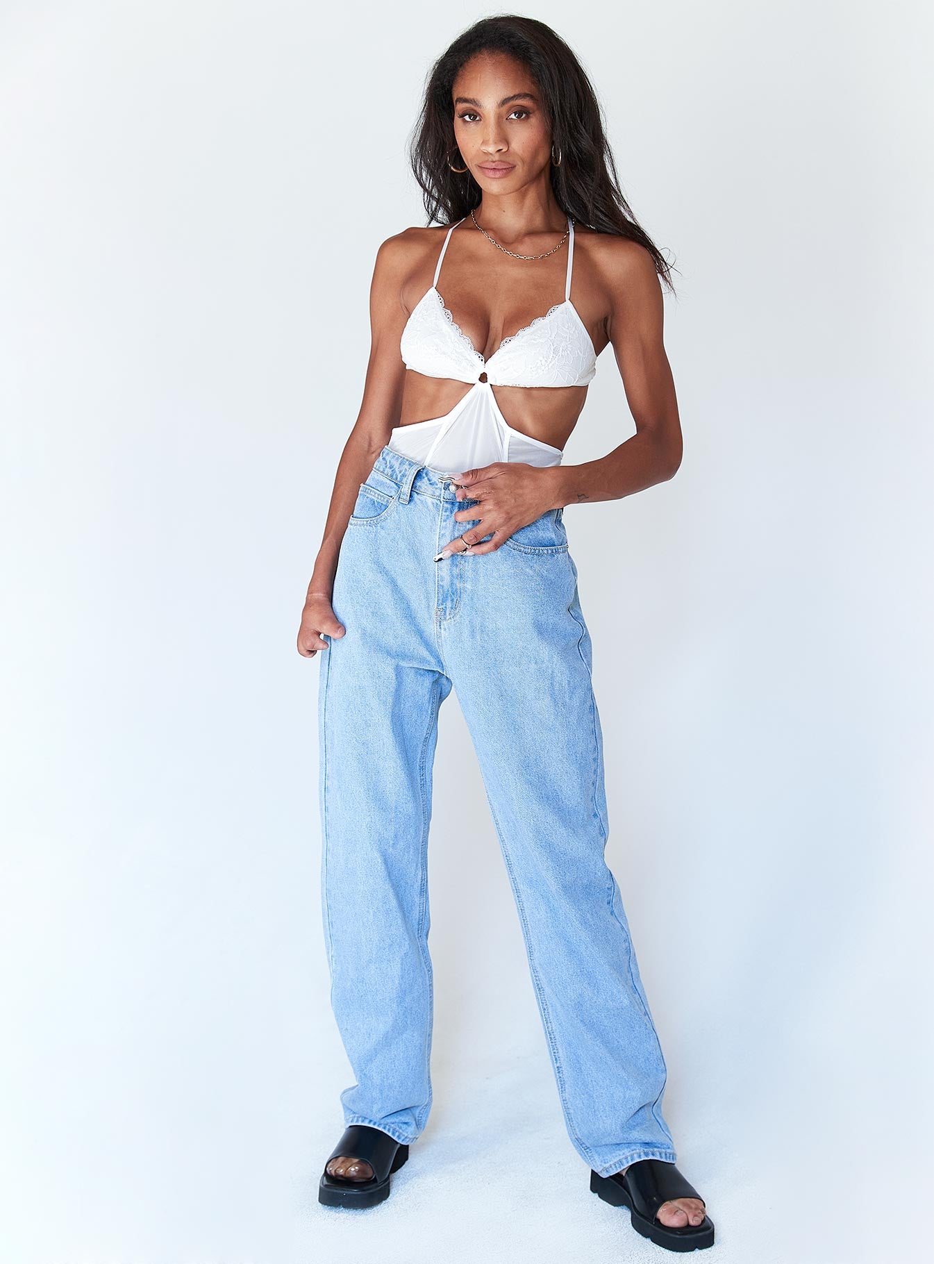 front view of model wearing Princess Polly Henrietta Bodysuit White Sleeveless Plunger 