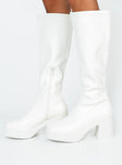 Knee high boots  Princess Polly Exclusive Faux leather material  Platform base  Square toe  Zip fastening 