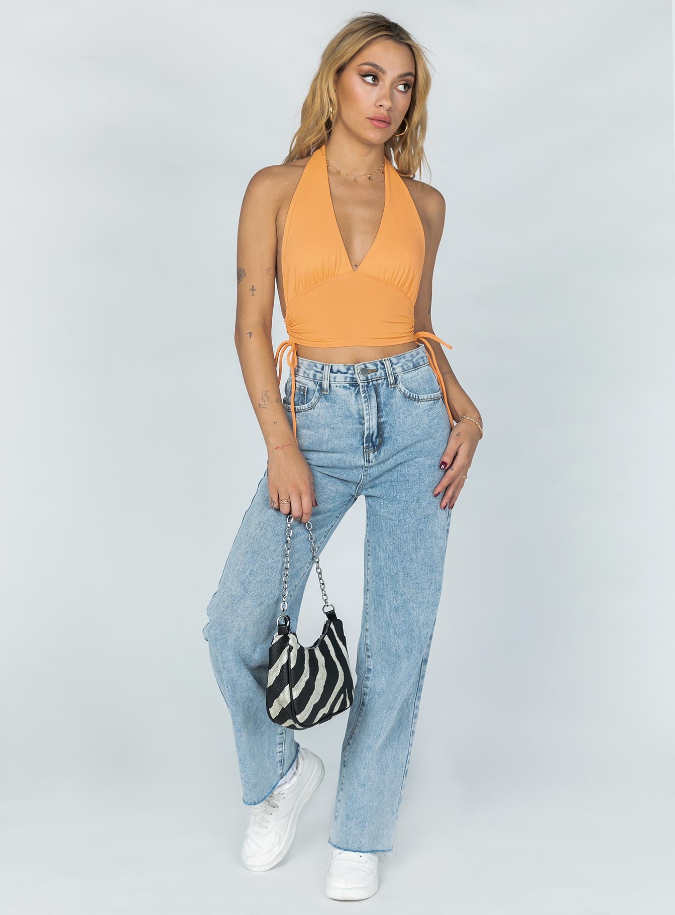 front view of model wearing Princess Polly Penelope Halter Top Orange 