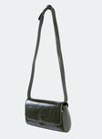 Olive shoulder bag Faux leather material Removable & adjustable shoulder strap Magnetic button fastening Single internal pocket External card slip at back Flat base