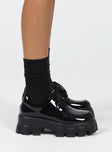 Platform shoes Faux patent leather Lace up fastening Chunky tread Padded ankle  Man made upper, lining & sole