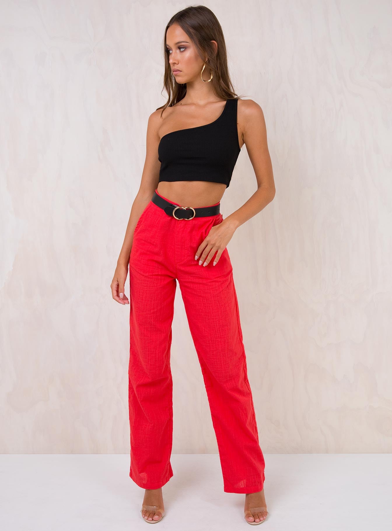 front view of model wearing Princess Polly Bellante One Shoulder Top Black 