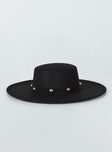 Wide brim hat  65% Polyester 35% Cotton  Faux felt material  Gold stud detail  Removable outer head-band  Adjustable inner band 
