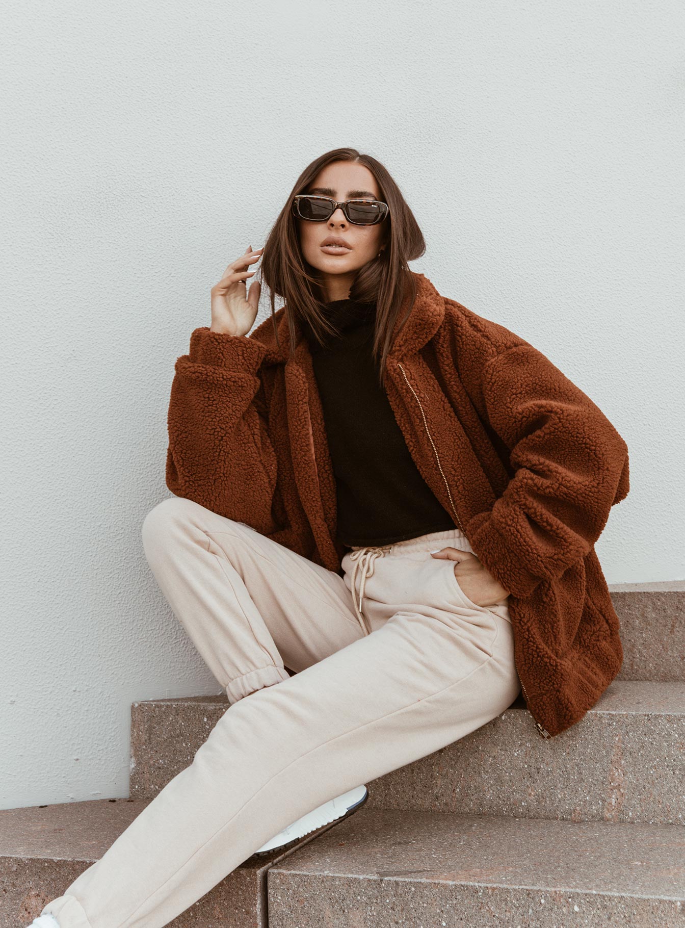 side view of model wearing Princess Polly Nero Sweat Pants Beige 