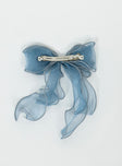 Blue hair bow Sheer sparkly material  Silver-toned hardware  Snap clip fastening 