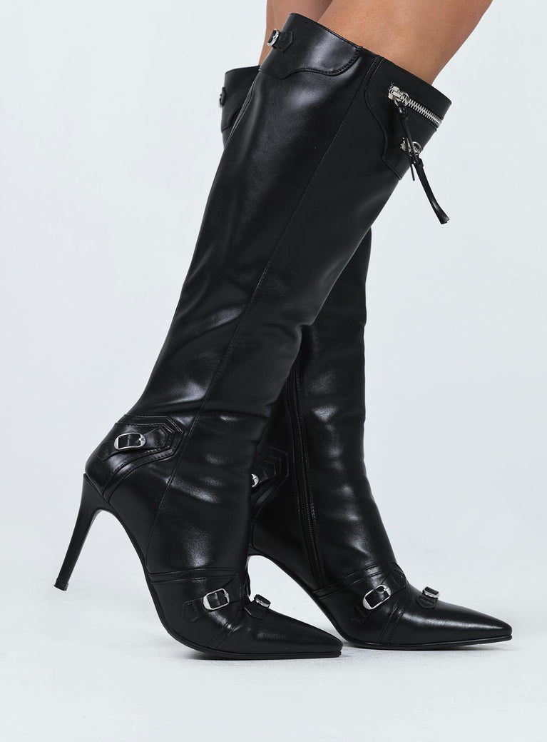 LEATHER KNEE HIGH BOOTS - Black