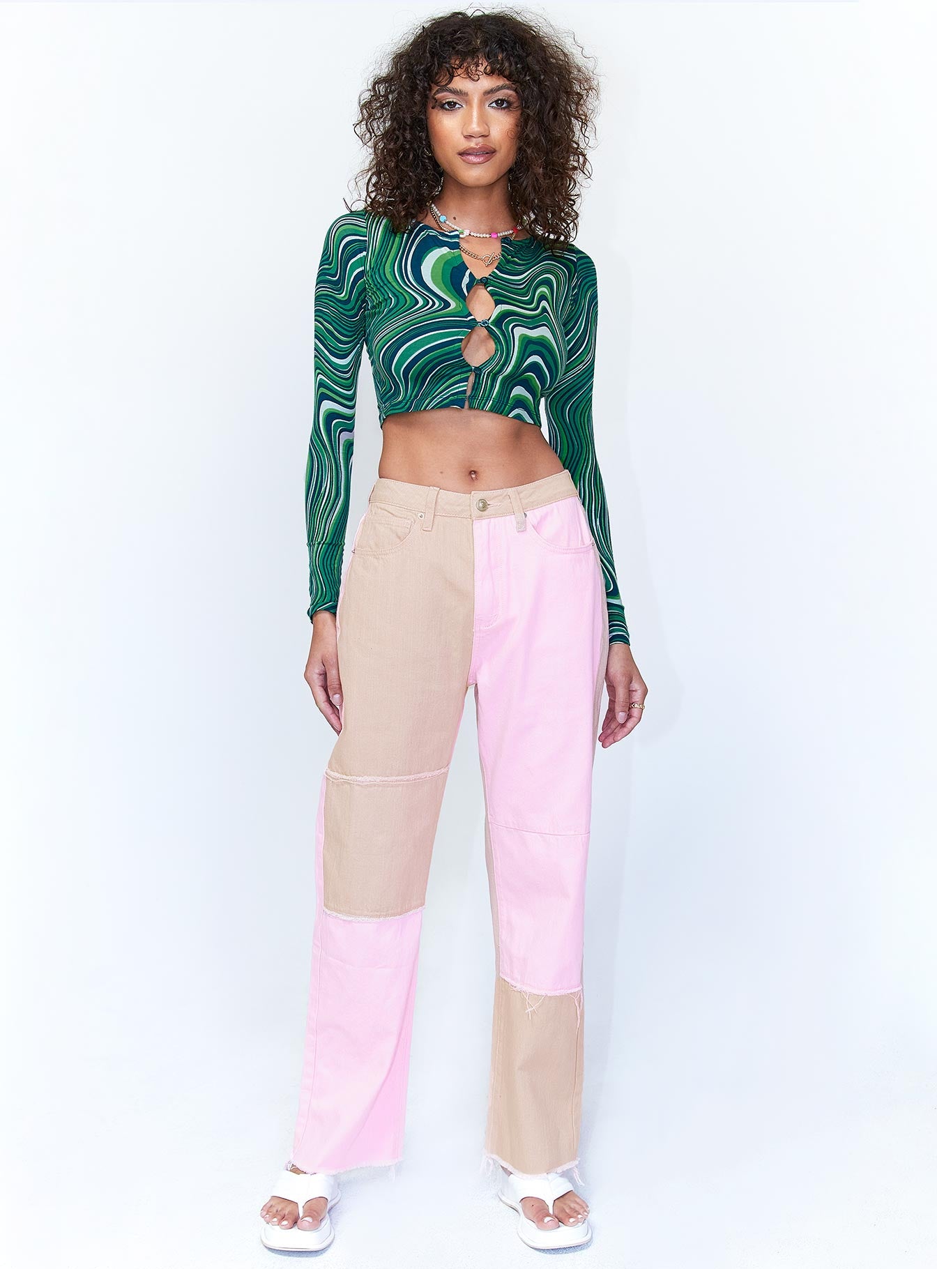 front view of model wearing Princess Polly Kaisha Denim Jeans Pink Mid Rise 