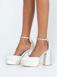 Heels Silky material  Diamante detail  Ankle strap  Square toe  Block heel  Platform base  Padded footbed 
