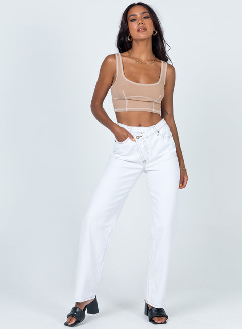 front view of model wearing Princess Polly Carl Top Beige 