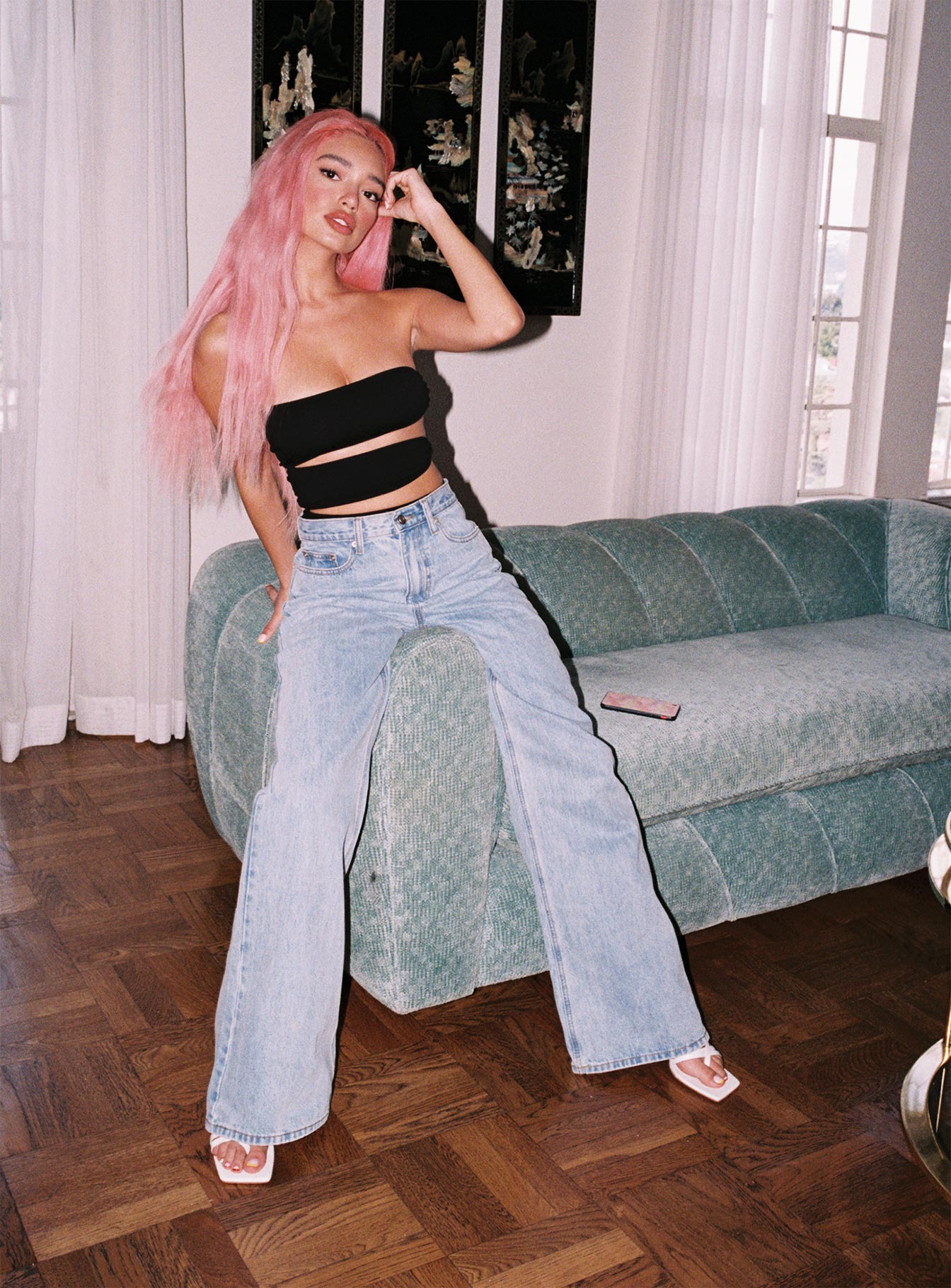 front view of model wearing Princess Polly Crazy In Love Bodysuit Black Sleeveless straight 