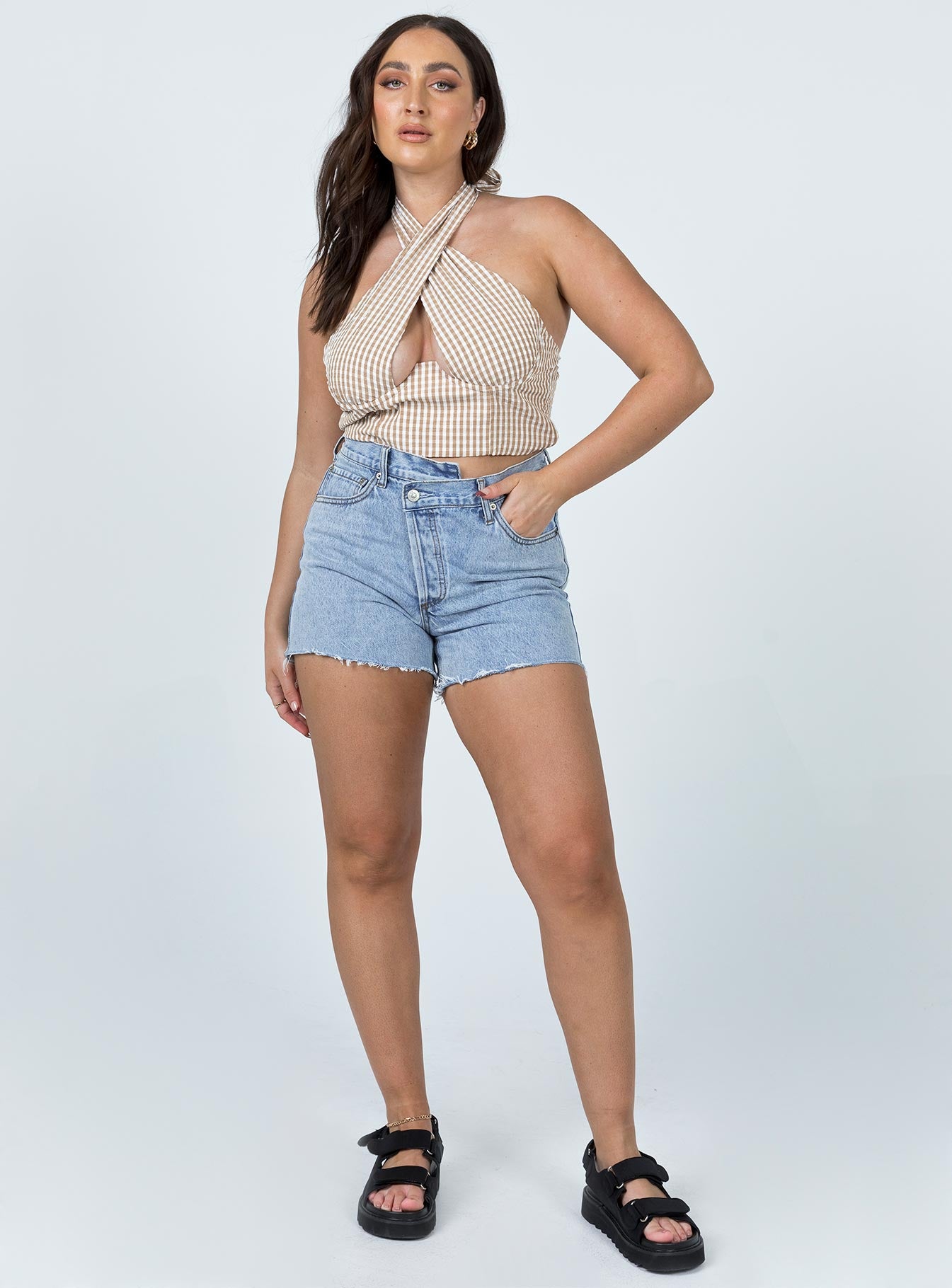 front view of model wearing Princess Polly Ensley Top Brown 