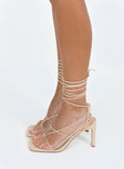 Heels Faux leather material Strappy upper Shaved block heel Square toe Ankle wrap fastening