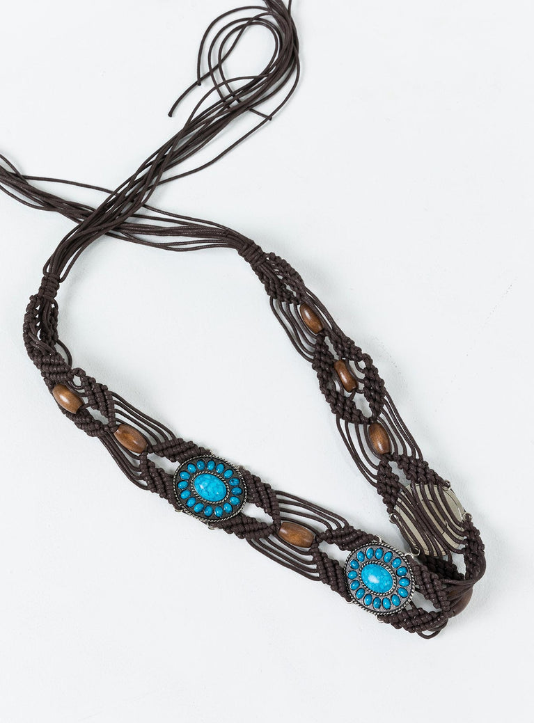 Belt Woven design Gemstone and bead detail Tie fastening Adjustable length