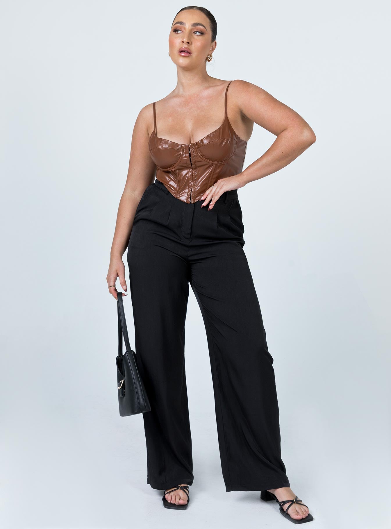 front view of model wearing Princess Polly Marilyn Top Brown 