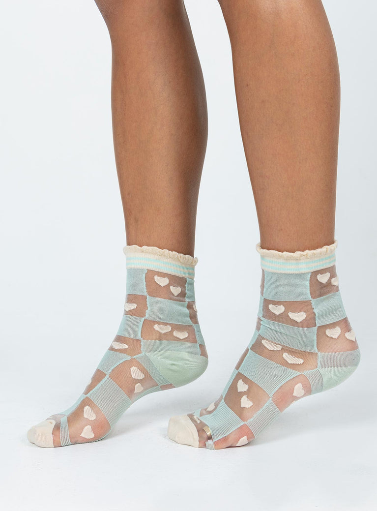 Blue and beige socks Shimmer mesh material Heart print