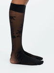 Black stockings Sheer material Floral print Thigh high design Good stretch Hand wash only 