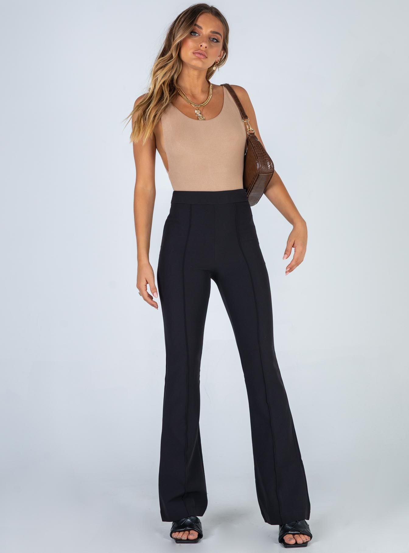 front view of model wearing Princess Polly Cartia Bodysuit Beige Sleeveless 