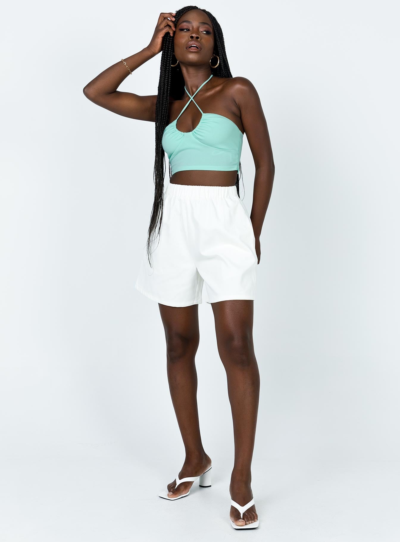 front view of model wearing Princess Polly Andre Top Green 