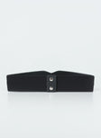 Black belt Faux leather material Elasticated back Press button fastening