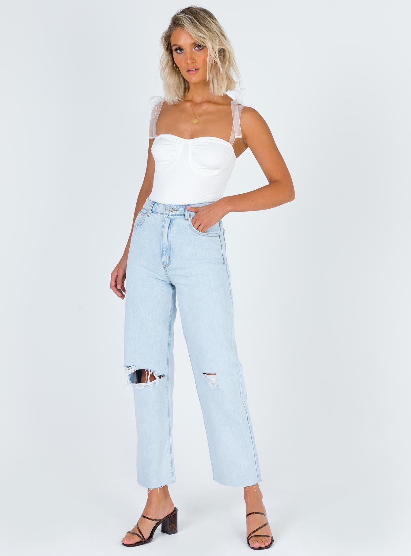 front view of model wearing Princess Polly Jena Bodysuit White Sleeveless Sweetheart 