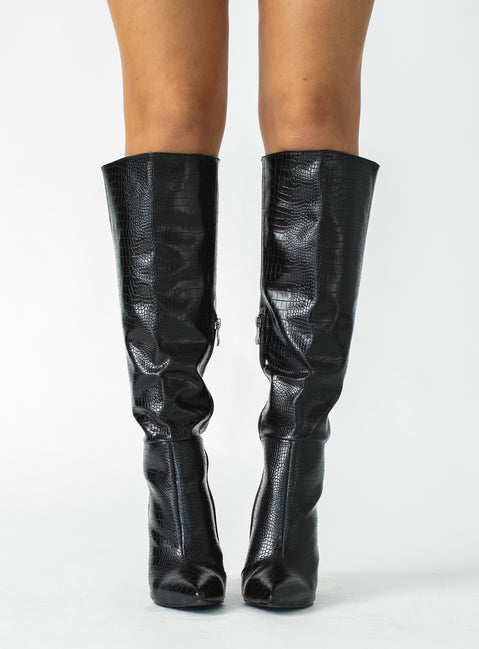 Billini Milla Croc Knee High Boots Black