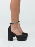 Heels Silky material  Diamante detail  Ankle strap  Square toe  Block heel  Platform base  Padded footbed 