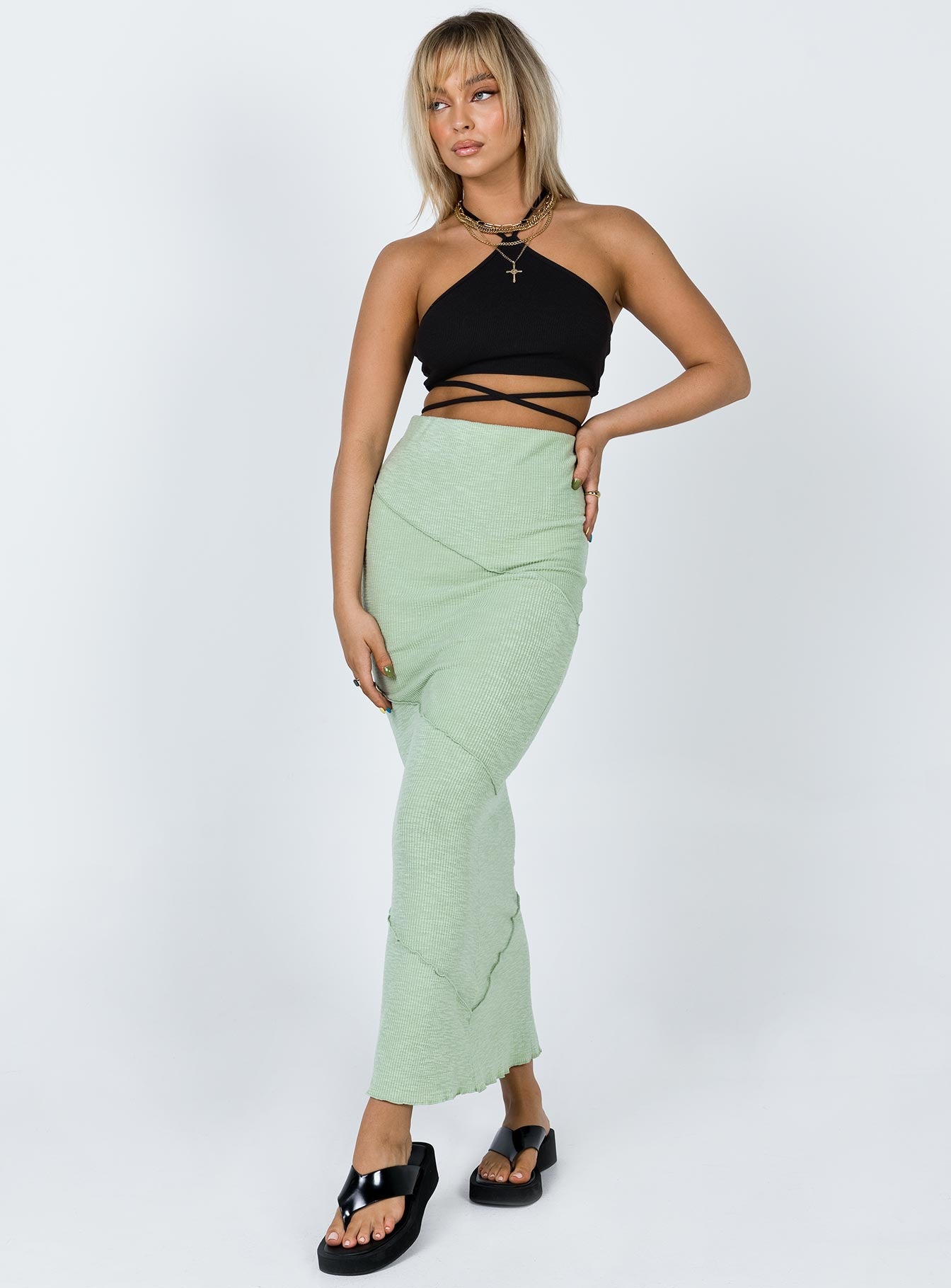   side view of model wearing Princess Polly Oscar Maxi Skirt Sage 