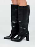Knee high boots  Princess Polly Exclusive Upper: 100% PU Lining: 100% Textile Outsole: 100% TPU Faux leather material  Slip on design   Pointed toe  Block heel 