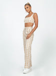 Matching set Check print Crop top Invisible zip fastening at side High waisted pants Wide leg Belt looped waist Zip & button fastening