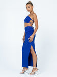 Matching set Ribbed material  One shoulder crop top  Back tie fastening  High waisted midi skirt  Ruched side