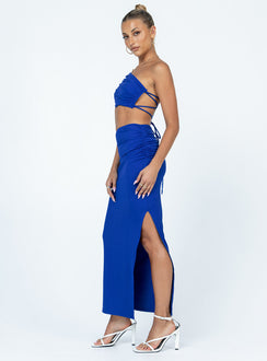 Matching set Ribbed material  One shoulder crop top  Back tie fastening  High waisted midi skirt  Ruched side