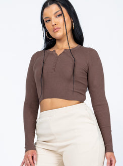 front view of model wearing Princess Polly Unwritten Love Top Chocolate 