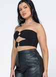 Strapless top Inner silicone strip at bust  Double ring front  Cut out detail 