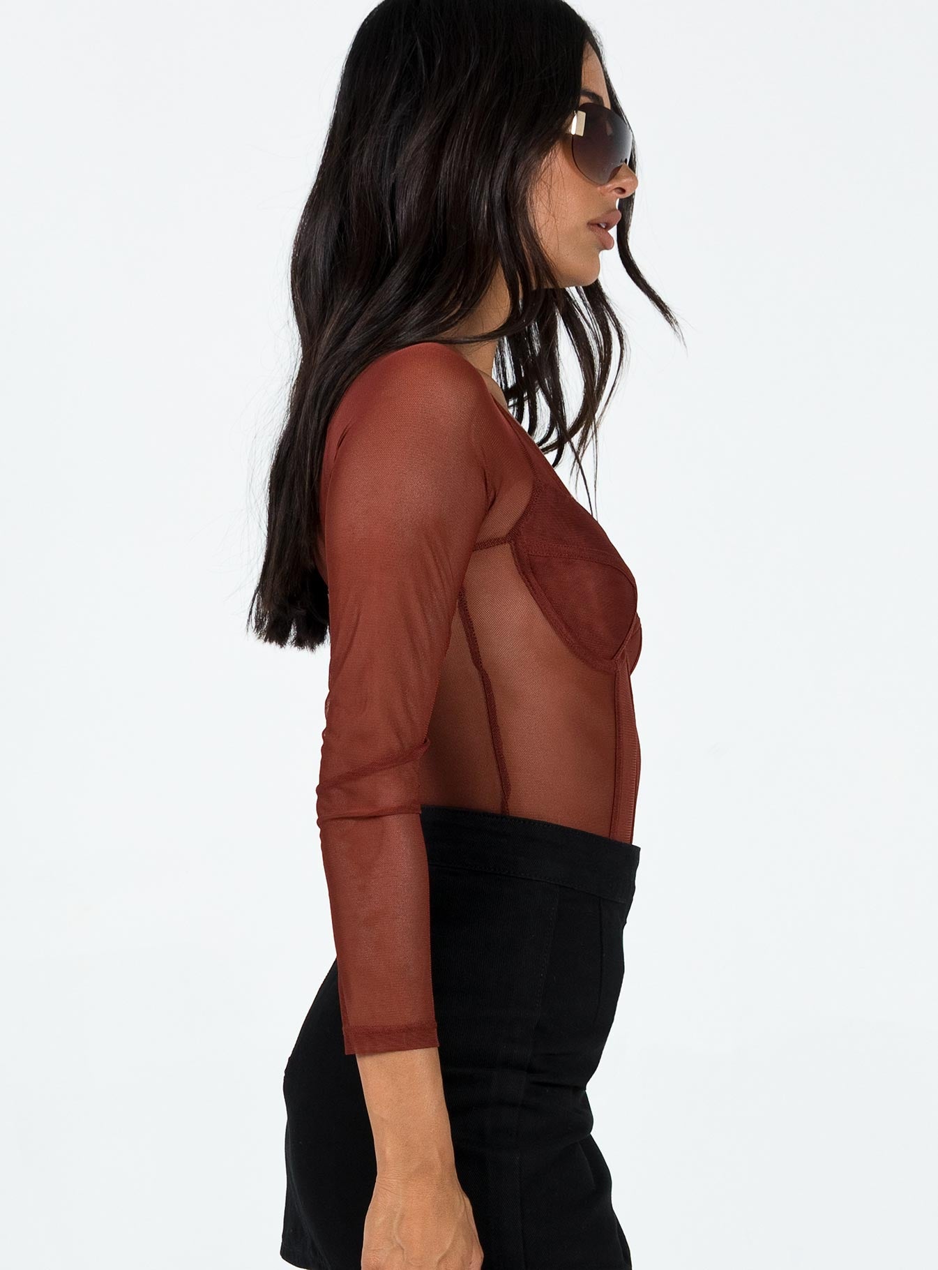 side view of model wearing Princess Polly Leonie Bodysuit Brown Full Sleeves Sweetheart 